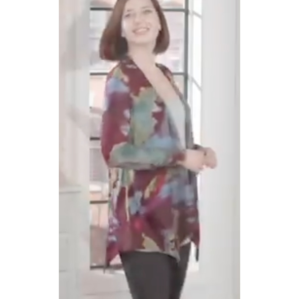LOGO Lori Goldstein Knit Printed Cardigan XXS Purple Sangria Open Front NWOT - Picture 2 of 4